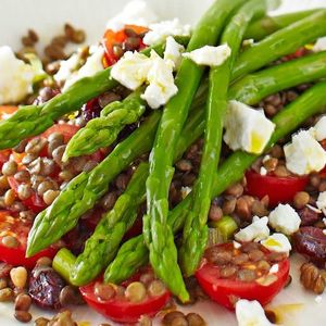 Asparagus & lentil salad with cranberries & crumbled feta