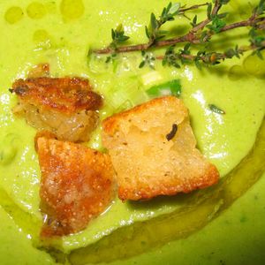 Asparagus & Green Garlic Soup w/ Parmesan Croutons