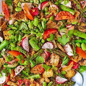 Asparagus & broad bean fattoush with crispy asparagus ends