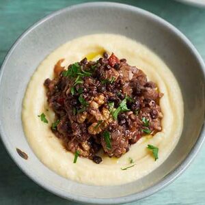 Aubergine, lentil & walnut ragu