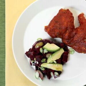 Avocado Salad with Beets, Green Olives, and Scallions