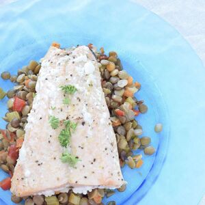 Baked Salmon over Lentil Vegetable Medley