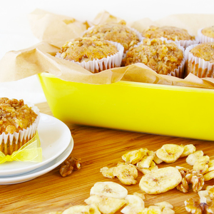 Banana Walnut Muffins with Banana Chip Streusel