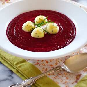 Beetroot Soup with Horseradish Dumplings and Chives