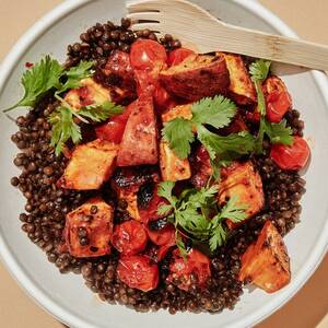 Black Lentil and Harissa-Roasted Veggie Bowl