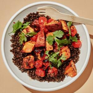 Black Lentil and Harissa-Roasted Veggie Bowl