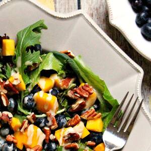 Blueberry and Mango Salad with Tahini Ginger Dressing