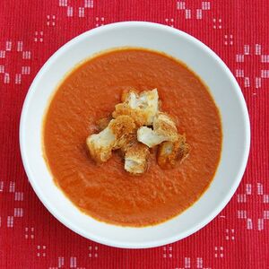 Brown Sugar-Roasted Tomato Soup with Cheddar Croutons Recipe