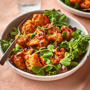 Cauliflower wings & zesty lentil salad