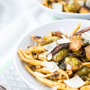 Charred Brussels Sprouts Pasta with Bacon and Dates