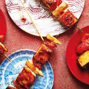 Chili Bean Tofu and Vegetable Skewers