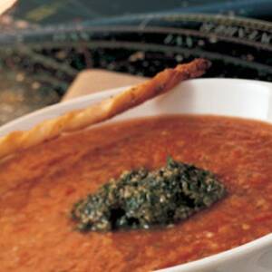 Chilled Roasted Tomato Soup with Pesto