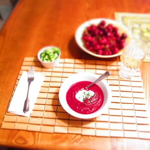 Chilled Beet Soup with Chevre Cream and Garnishes