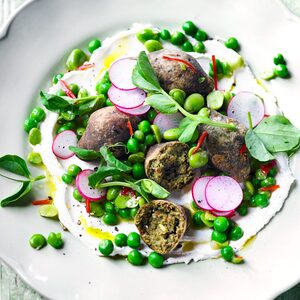 Chilli broad bean fritters with homemade labneh