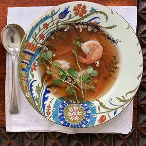 Clarified Tomato Broth with Shrimp, Pea Shoots, Ramps & Lemongrass