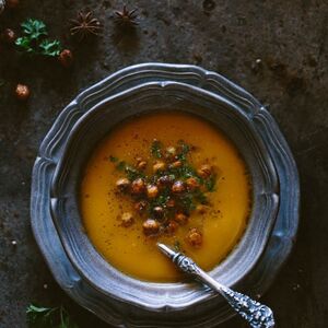 Coriander and Sweet Potato Soup with Spicy Chickpea Croutons