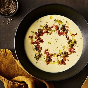 Cream of Brussels Sprouts Soup With Crispy Bacon