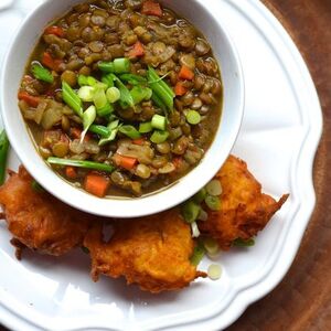 Curried Lentil Soup With Savory Sweet Potato Fritters Recipe