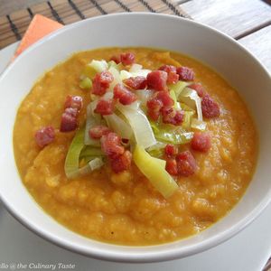 Curried Butternut Squash and Celeriac Soup with Leek and Crispy Bacon Topping