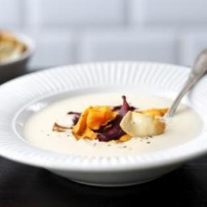 Curried roast parsnip soup with vegetable chips