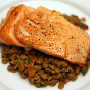 Dinner Tonight: Salmon with Smoked Bacon and Lentil Salad