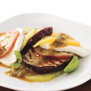 Eggplant Caprese With Grilled Tomato And Basil Vinaigrette