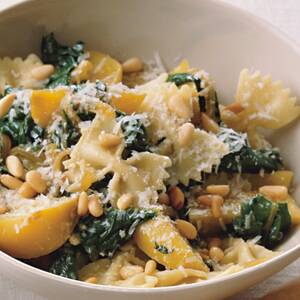 Farfalle with Golden Beets, Beet Greens and Pine Nuts