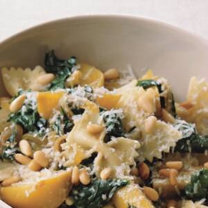 Farfalle with Golden Beets, Beet Greens, and Pine Nuts