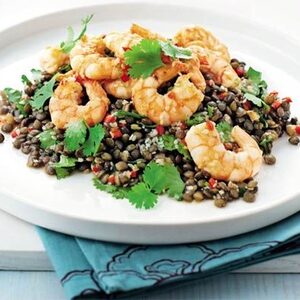 Garlic prawns with puy lentils