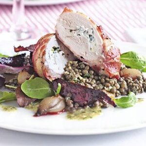 Goat's cheese chicken with warm lentils & sweet beets