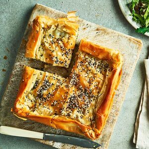 Golden spinach, feta & pumpkin filo pie