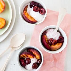 Grilled Peaches, Poached Cherries And Vanilla Bean Ice Cream