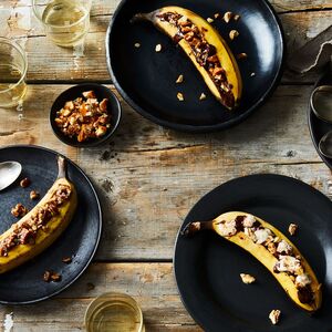 Grilled Banana with Chocolate & Crushed Peanut Brittle