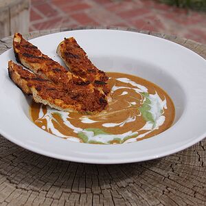 Grilled Sweet Potato Soup with Chorizo Toast