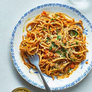 Jackfruit bolognese with vegan parmesan