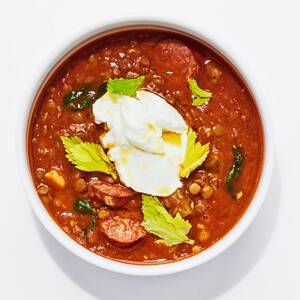 Kielbasa and Lentil Soup with Lots of Basil