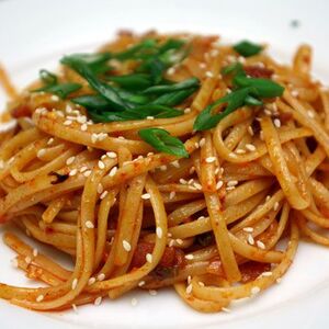 Kimchi Pasta with Bacon and Sesame Seeds Recipe