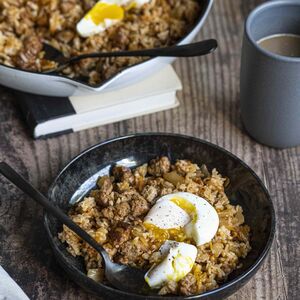 Kimchi & Italian Sausage Fried Rice with Poached Eggs