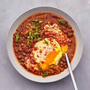 Kimchi-Lentil Stew With Poached Eggs