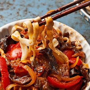 Laghman (hand-pulled noodles in tomato & lamb stew)