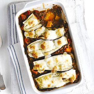 Layered aubergine & lentil bake