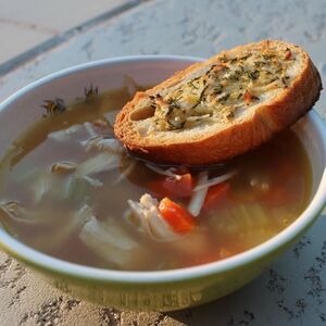 Lemony Roasted Chicken Soup with Rosemary Croutons