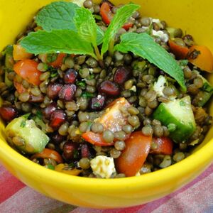 Lentil tabbouleh salad with pomegranates