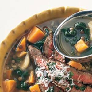 Lentil and Roasted Garlic Soup with Seared Steak