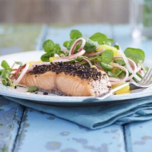 Lightly smoked salmon with orange & rhubarb salad