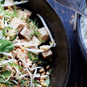 Marinated Tofu with Peanuts and Charred Bean Sprouts