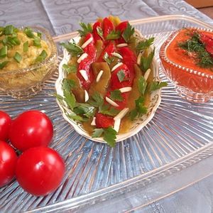 Mixed Pepper Appetizer with Fresh Tomato Sauce and Zucchini Caviar