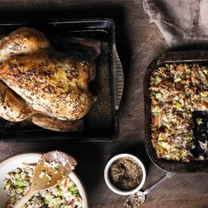 Mustard-glazed roast chicken with Waldorf stuffing