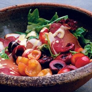 Nigel Slater's Salad of Summer Leaves, Cured Pork, and Cherries