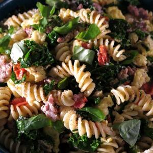 Pasta Scramble with Breakfast Sausage, Kale, Tomatoes and Eggs